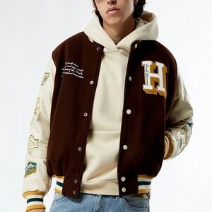 PacSun Brown & Cream Varsity Jacket with Letter Patch